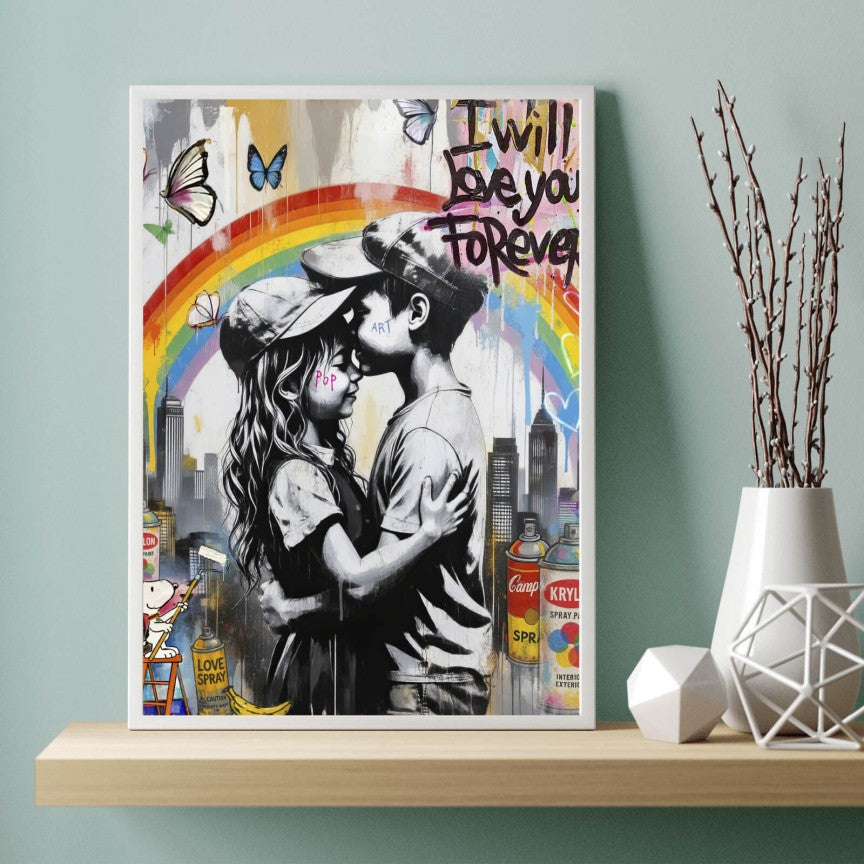 Poster Liebende Kinder mit buntem Street Art Hintergrund Hochformat