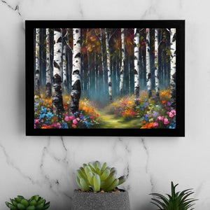 Poster Romantischer Wald mit bunten Blumen Querformat