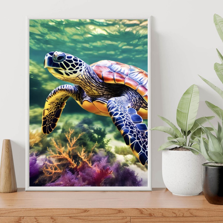 Poster Schildkröte auf knalligen Meeresboden Hochformat