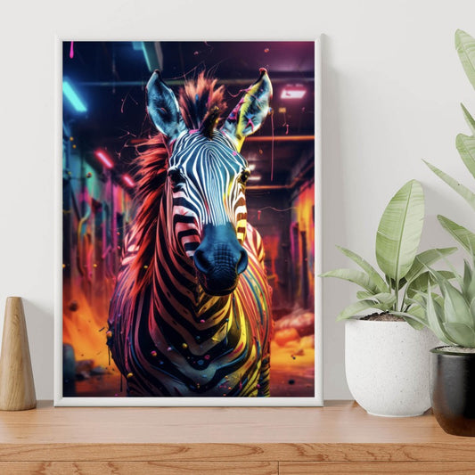 Poster Zebra in bunter Umgebung Hochformat