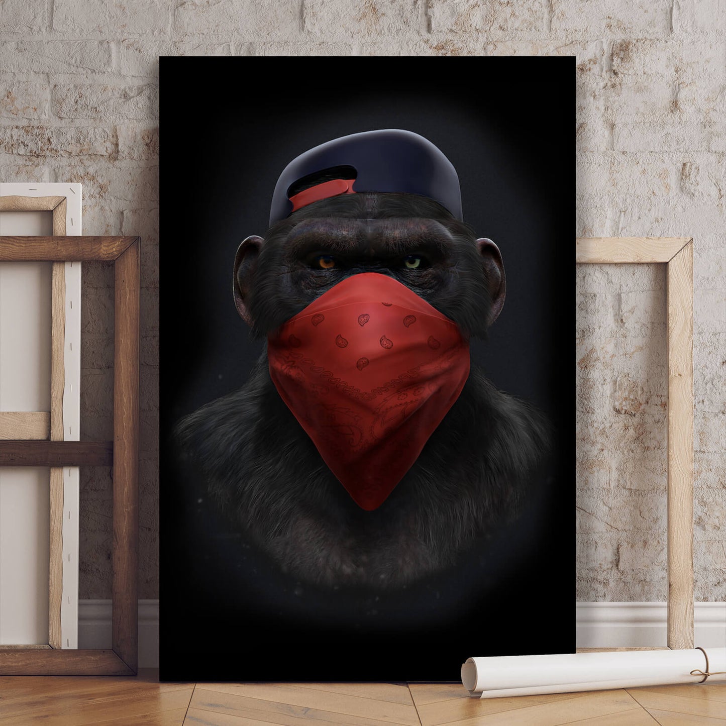 Leinwandbild Affe mit rotem Tuch Modern Art Hochformat
